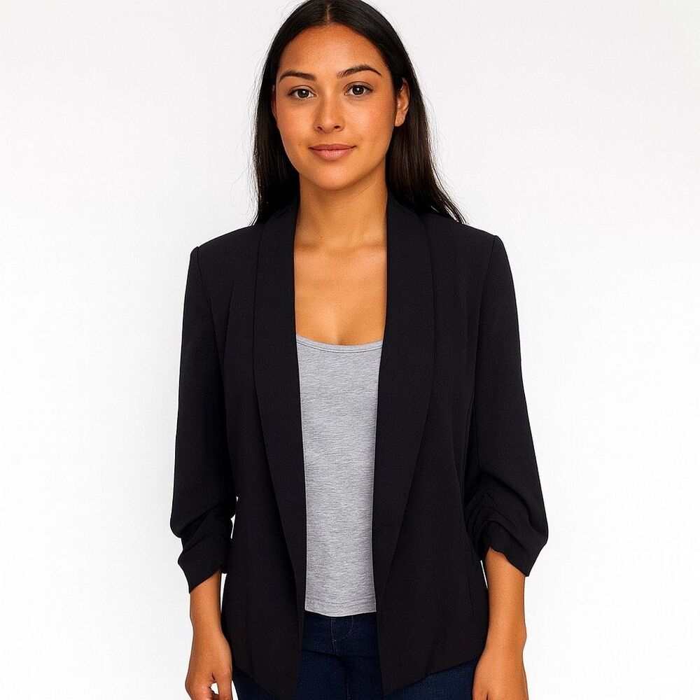 Boom Boom Jeans Black Lightweight Blazer 3/4 Quarter Sleeve Open Cardigan size M